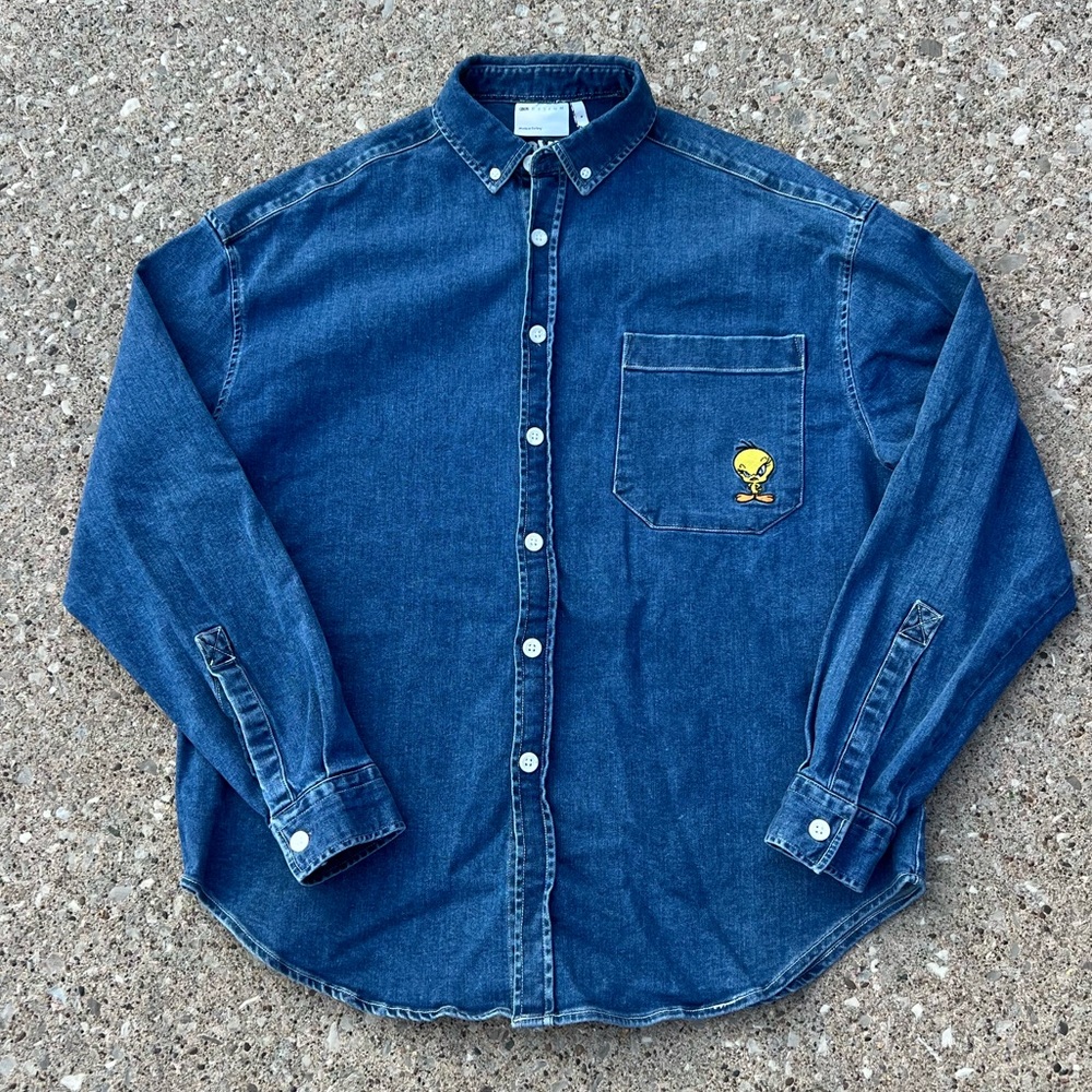 ASOS Looney Tunes Denim Button-Up Shirt with Tweety Pocket Embroidery